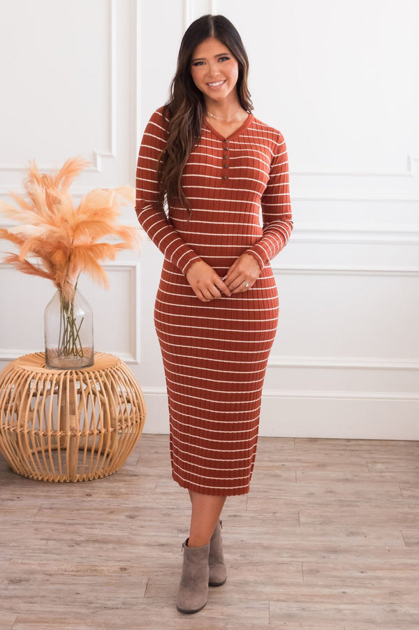 BRENA White Long Sleeve Bodycon Knit Midi Dress