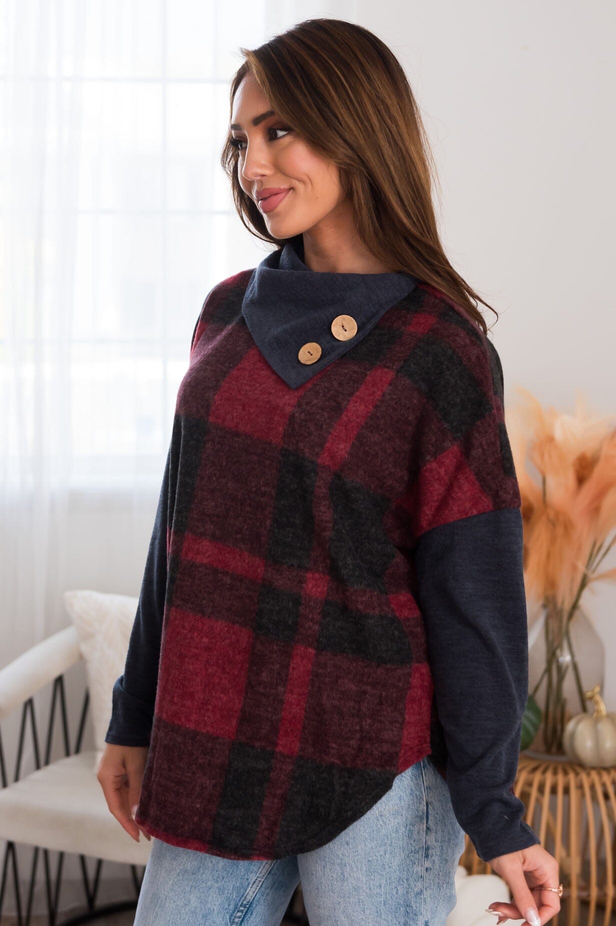 Plaid cowl neck outlet sweater