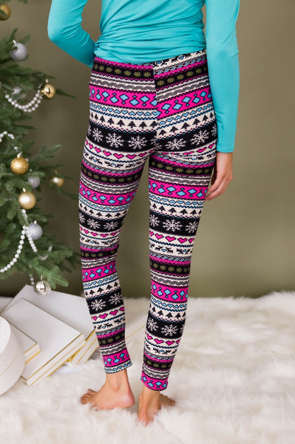 Christmas Leggings Womens XL Pants Green Pink Trees Elastic Waist