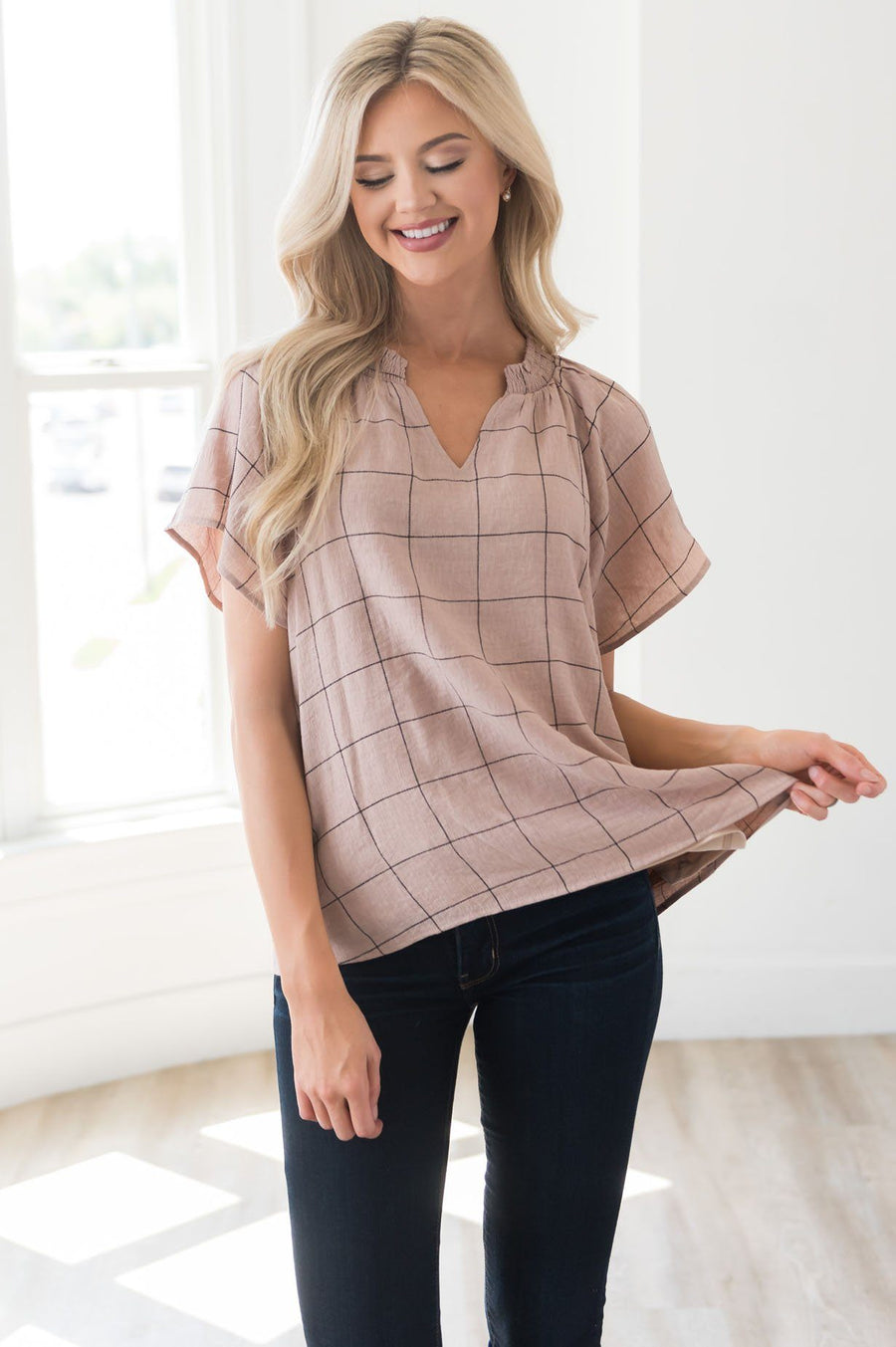 Nine to Five Modest Windowpane Blouse Tops vendor-unknown 