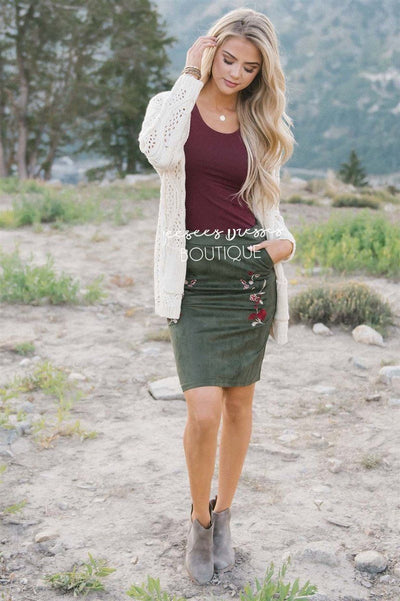 Olive Suede Embroidered Pencil Skirt | Modest Dress for Nursing