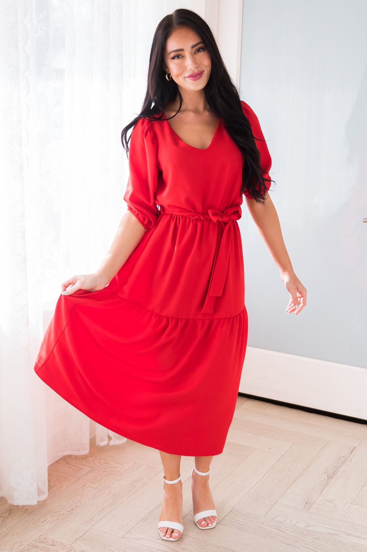 Modest hot sale red dress