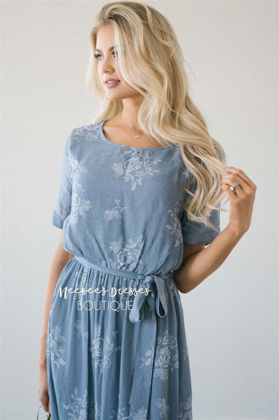 Slate Blue Side Tie Floral Modest Dress Modest Dress | Best Online Modest  Boutique for Dresses | Cute Modest Clothes for Church