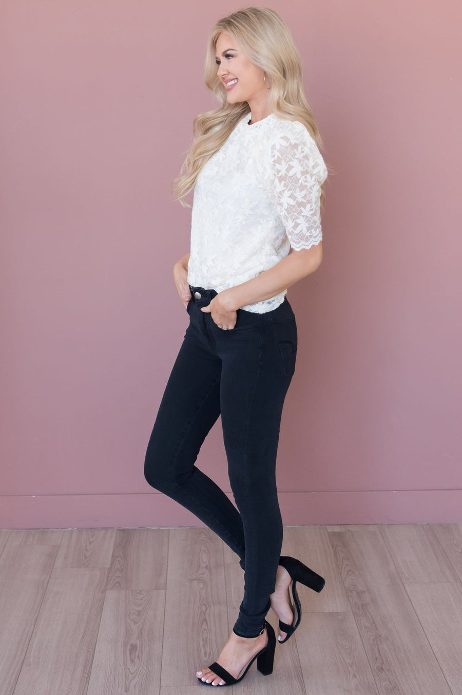 Picture Perfect Modest Lace Bodice Blouse Tops vendor-unknown 