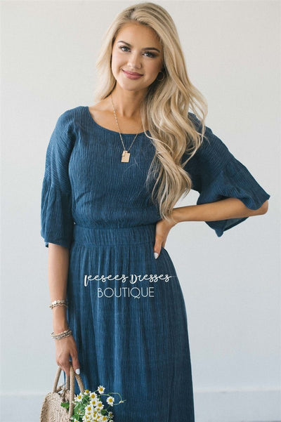 Slate Blue Woven Bell Sleeve Modest Dress | Modest Bridesmaids Dresses | Modest  Dresses and Skirts for Church