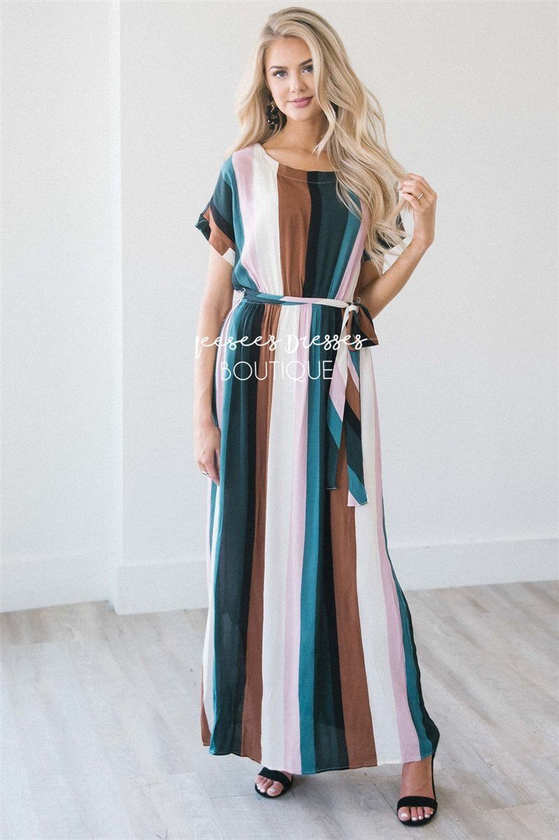 The Leanna Modest Dresses vendor-unknown Multi Colored Stripes S 