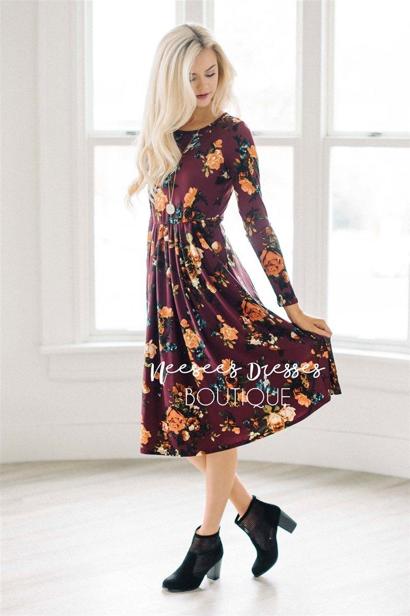 Pleated Waist Burgundy In Bloom Dress New Year SALE vendor-unknown S Burgundy Floral 