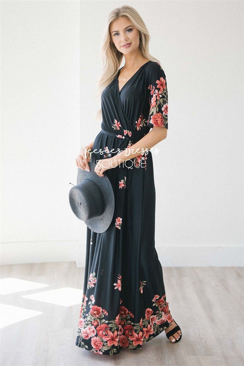 Black & Red Floral Cross Over Modest Maxi Dress | Best and Affordable ...