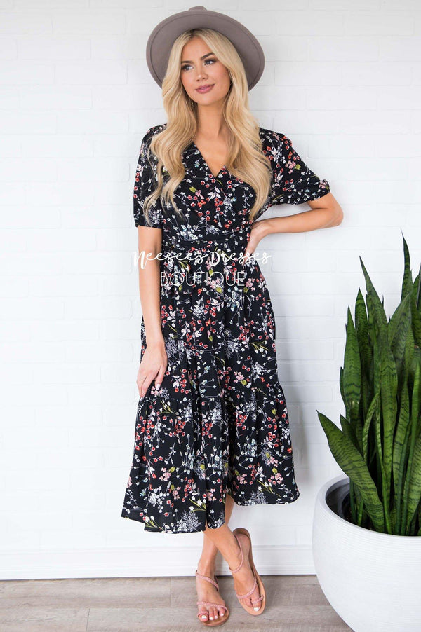 Black Wrap Floral Modest Dress | Best and Affordable Modest Boutique ...