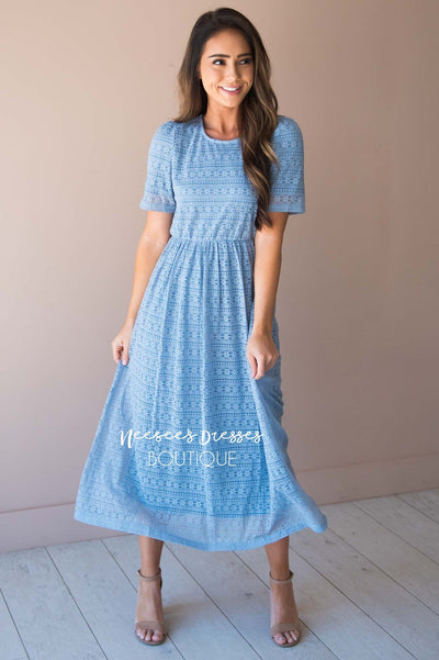 Light Blue Floral Lace Modest Church Dress Best and Affordable Modest Boutique Cute Modest Dresses and Skirts for Church