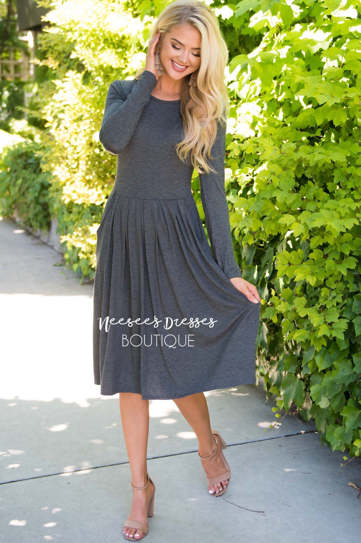 Charcoal Pleated Modest Dress, Best and Affordable Modest Boutique