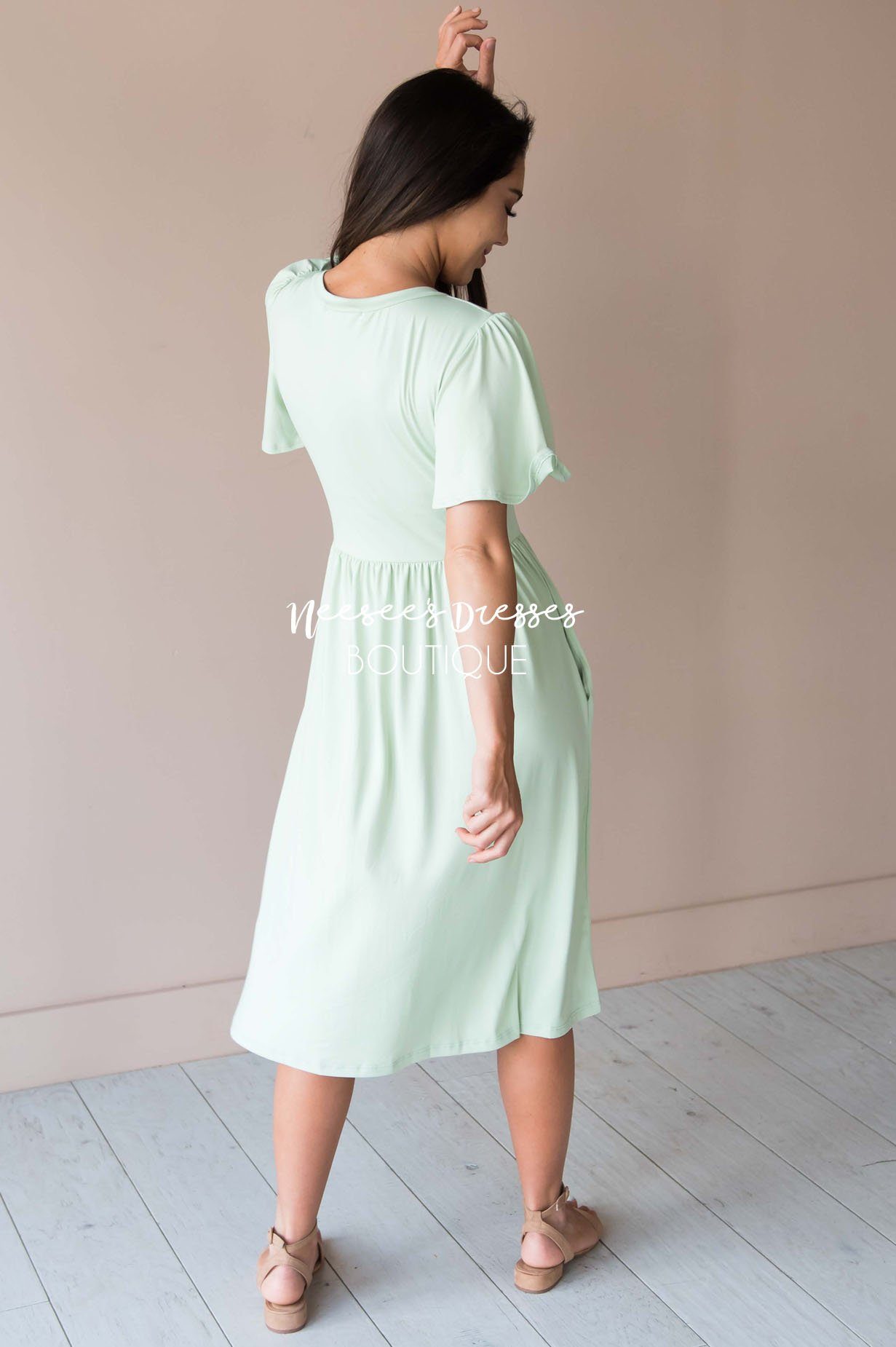 Tea Green Flutter Sleeve Midi Modest Dress Best and Affordable Modest Boutique Cute Modest Dresses and Skirts for Church