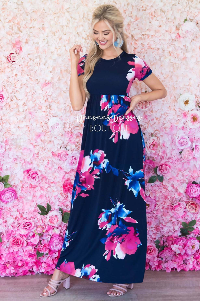 Navy Watercolor Floral Modest Dress | Best and Affordable Modest ...