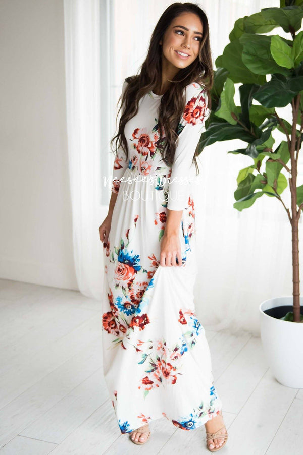 White Floral Modest Maxi Dress | Best Place To Buy Modest Dresses