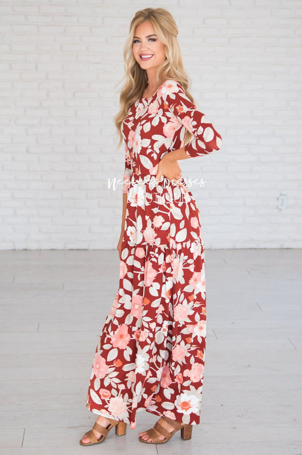 Rust/Coral Floral Modest Maxi Dress | Beautiful Modest Bridesmaids ...