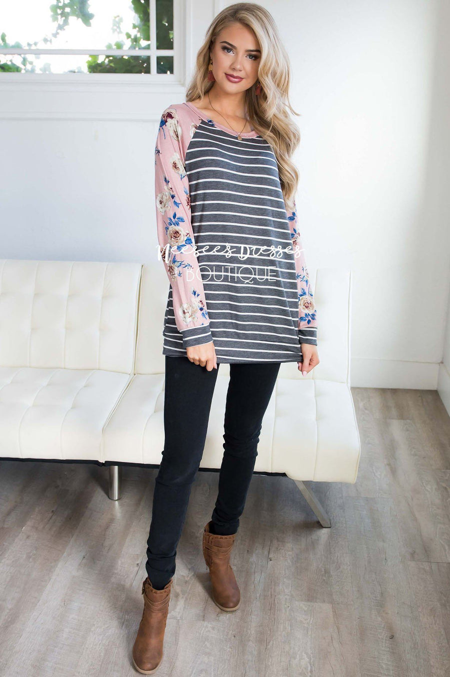 Floral Sleeve & Striped Top Tops vendor-unknown 