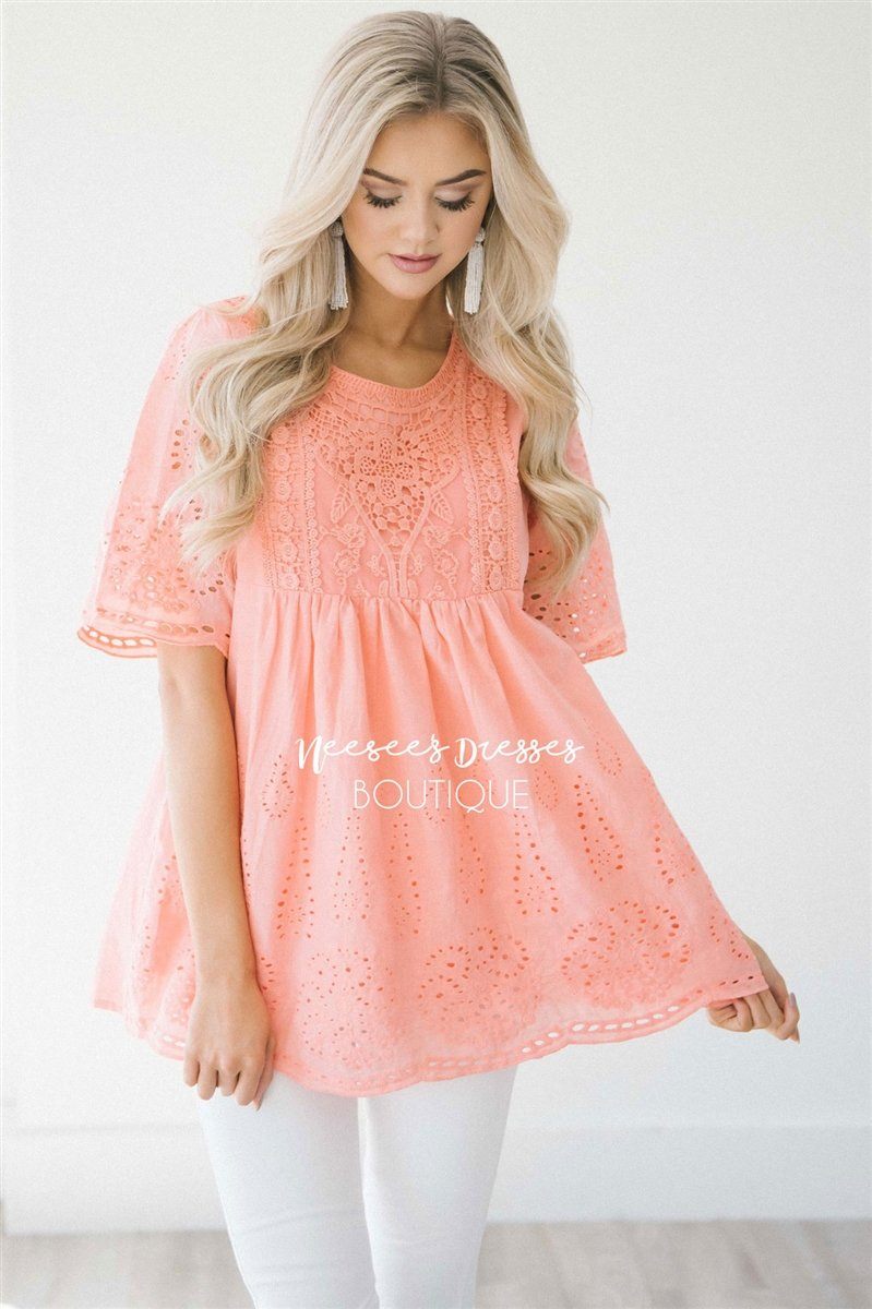 Baby Doll Eyelet Embroidered Top Tops vendor-unknown S Coral 