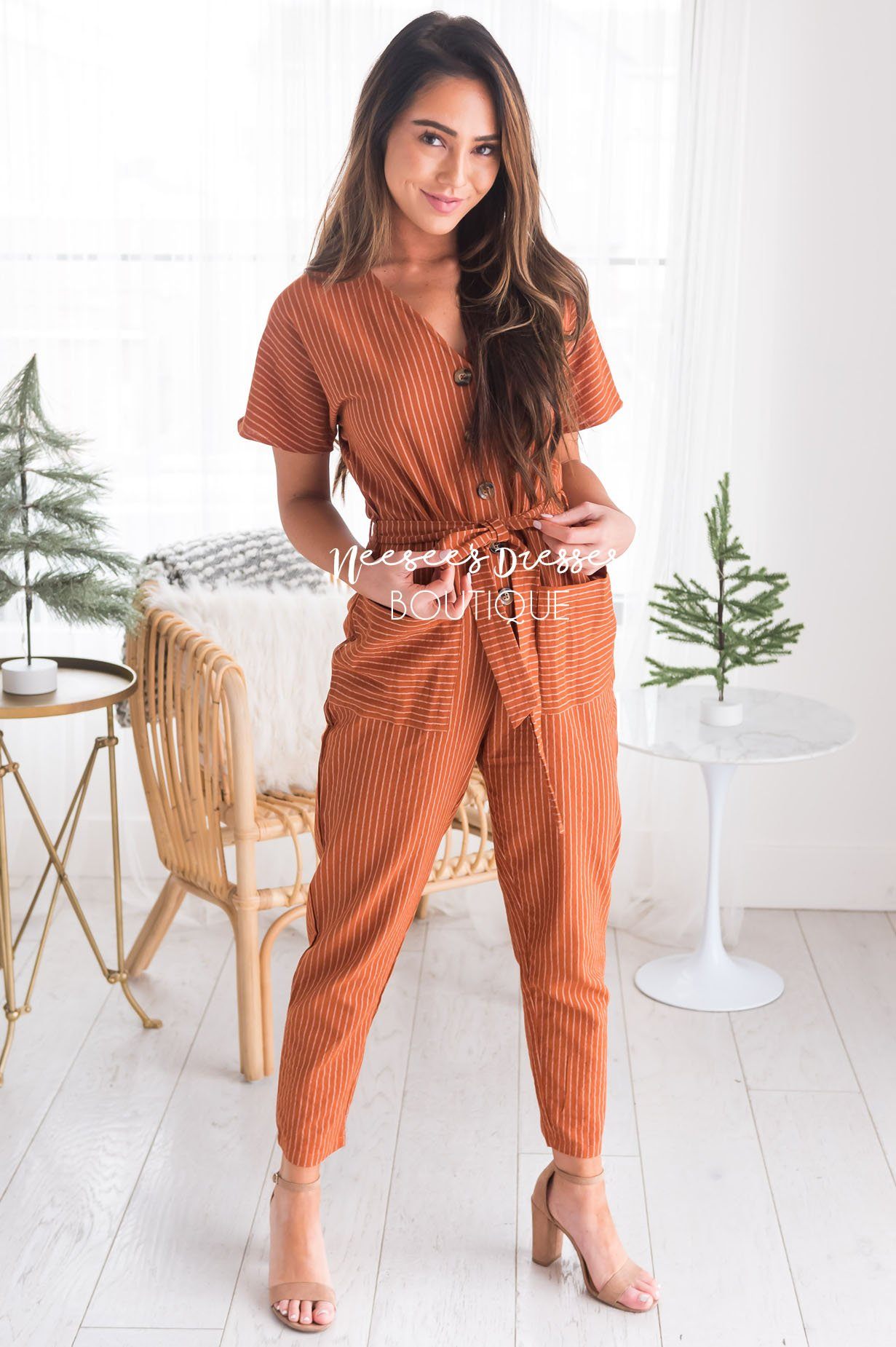 Burnt orange stripe hot sale tie detail jumpsuit