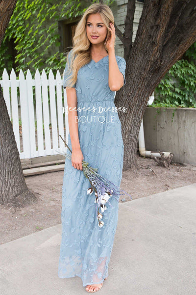 Dusty Blue Laced Tulle Modest Church Dress | Best and Affordable Modest  Boutique | Cute Modest Dresses and Skirts for Church