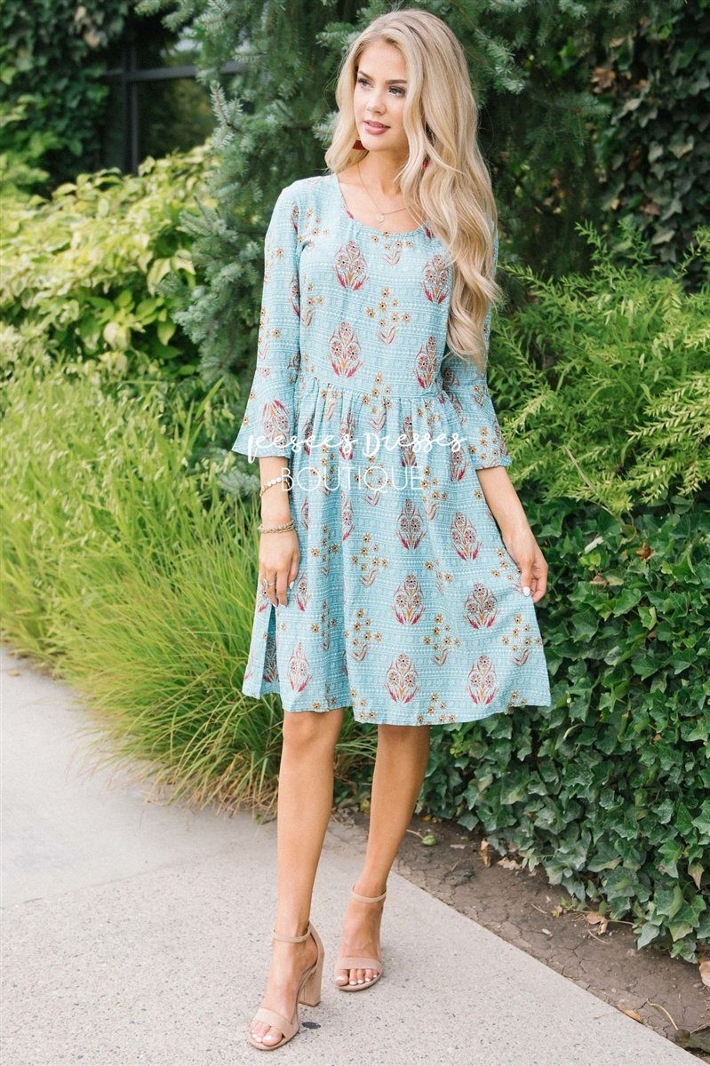 The Robin Modest Dresses vendor-unknown Dusty Teal with Amber and White Floral Print XS 