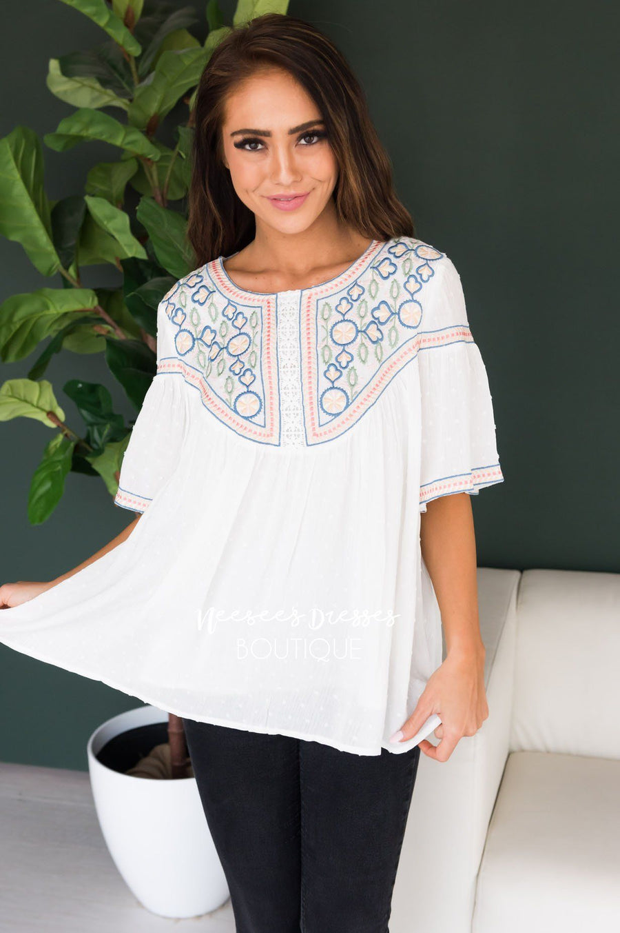 It's Go Time Modest Embroidered Blouse Tops vendor-unknown 