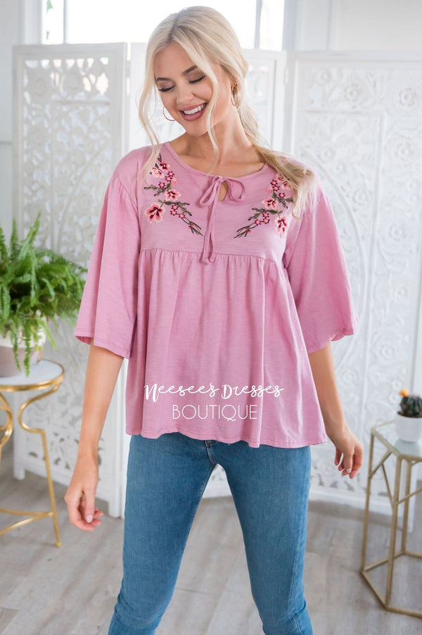 Soft Pink Embroidered Baby Doll | Modest Tops