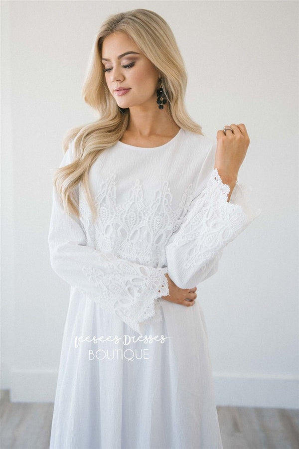 White Lace Bodice Temple Modest Dress | Modest Bridesmaids Dresses ...