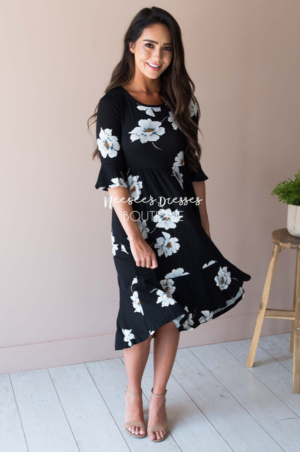 Black w/ White Floral Modest Dress | Best Online Boutique - NeeSee's ...