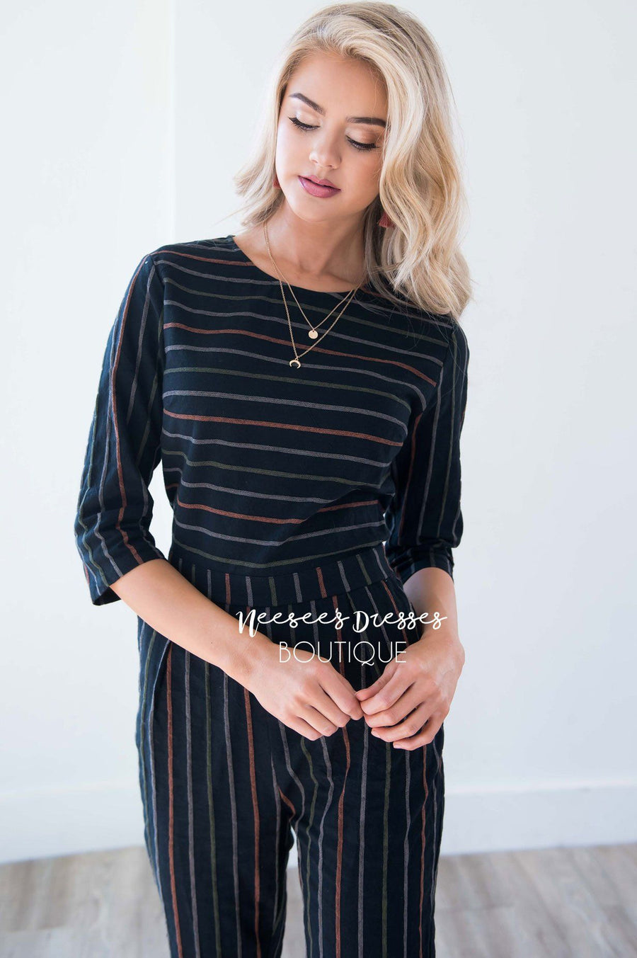 Black Pinstripe Linen Jumpsuit Modest Dresses vendor-unknown 