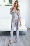 Dusty Blue & Tan Striped Jumpsuit Modest Dresses vendor-unknown