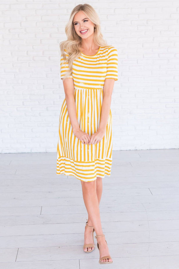 Mustard w/ Cream Stripes Modest Dress | Best Place To Buy Modest Dresses