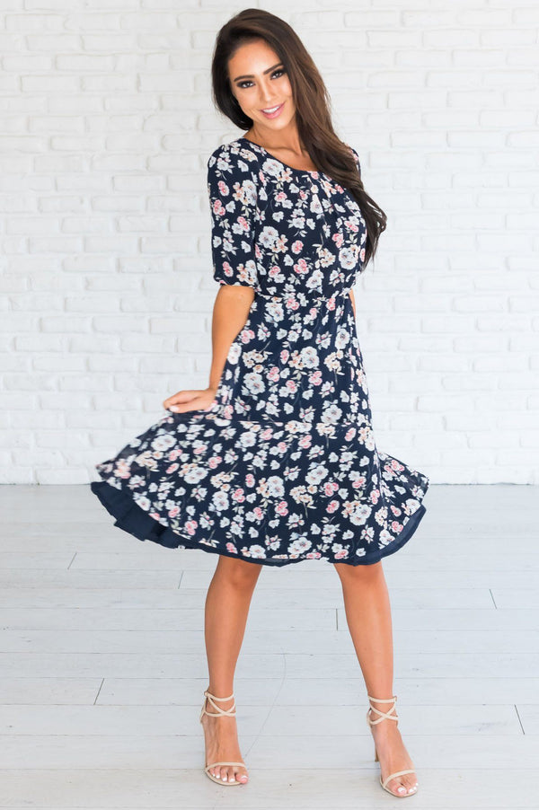 Navy Chiffon Floral Modest Church Dress | Cute Modest Clothes | Modest ...