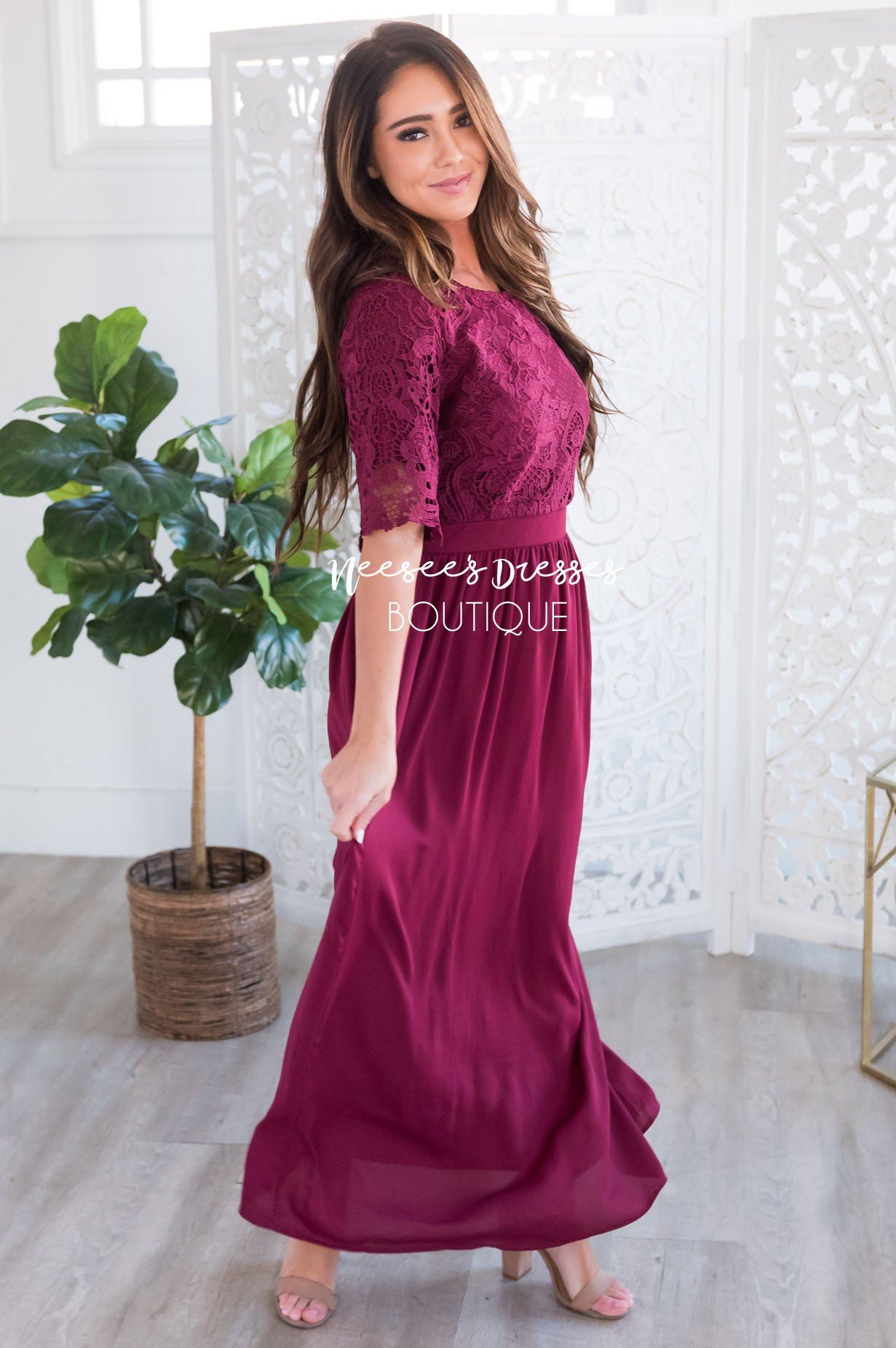 Modest burgundy dresses clearance long