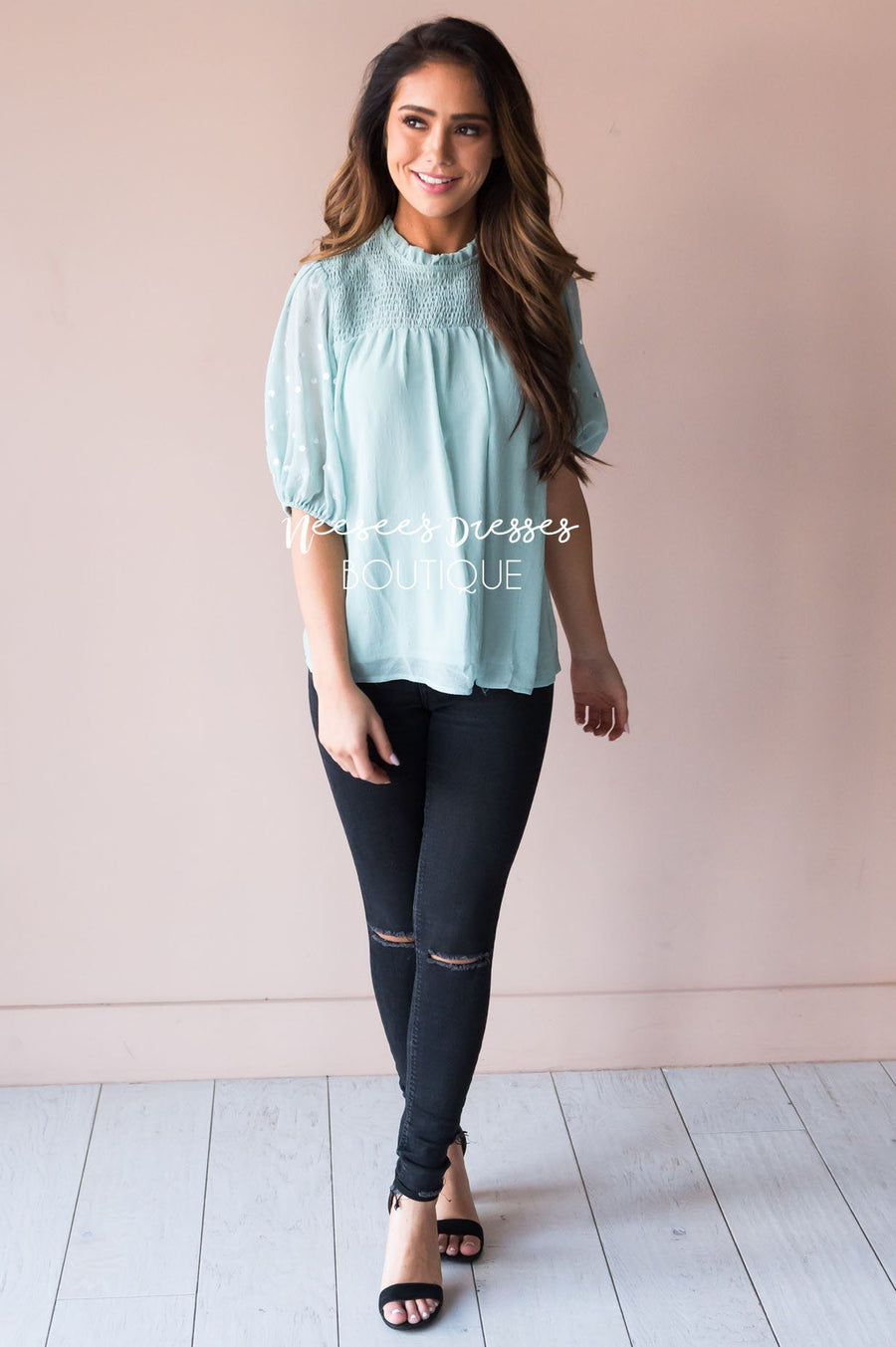 Mint Shimmer Smocked Modest Blouse Tops vendor-unknown 