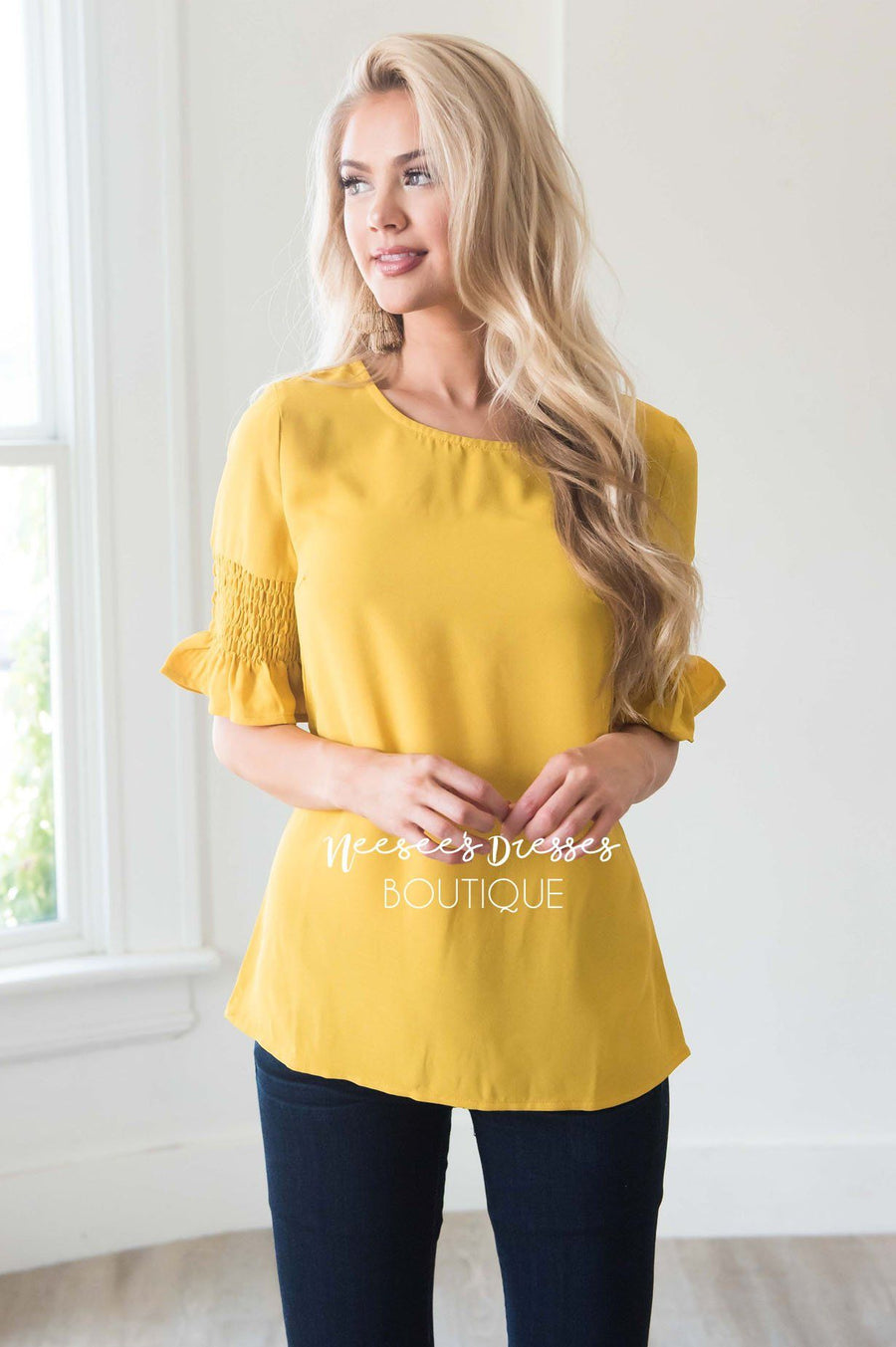 Something New Gathered Sleeve Top Modest Dresses vendor-unknown 