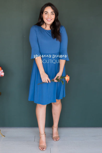 Azure Blue Bell Sleeve Modest Bridesmaids Dress | Best and