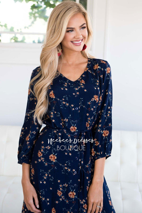 Navy Floral Button Front Modest Dress | Modest Nursing Friendly Dress