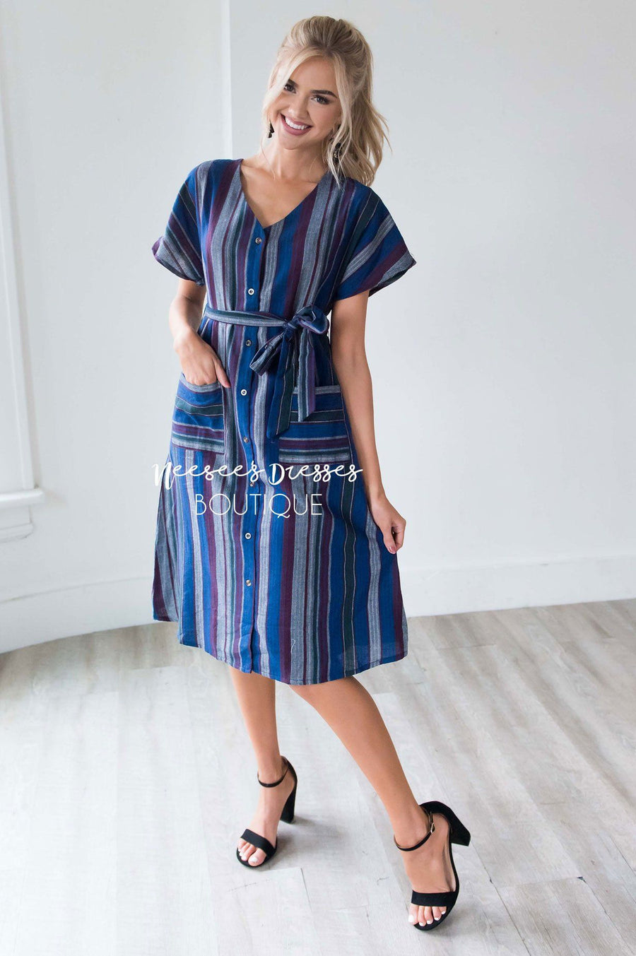 The Oceana Button Down Tie Waist Dress Modest Dresses vendor-unknown 