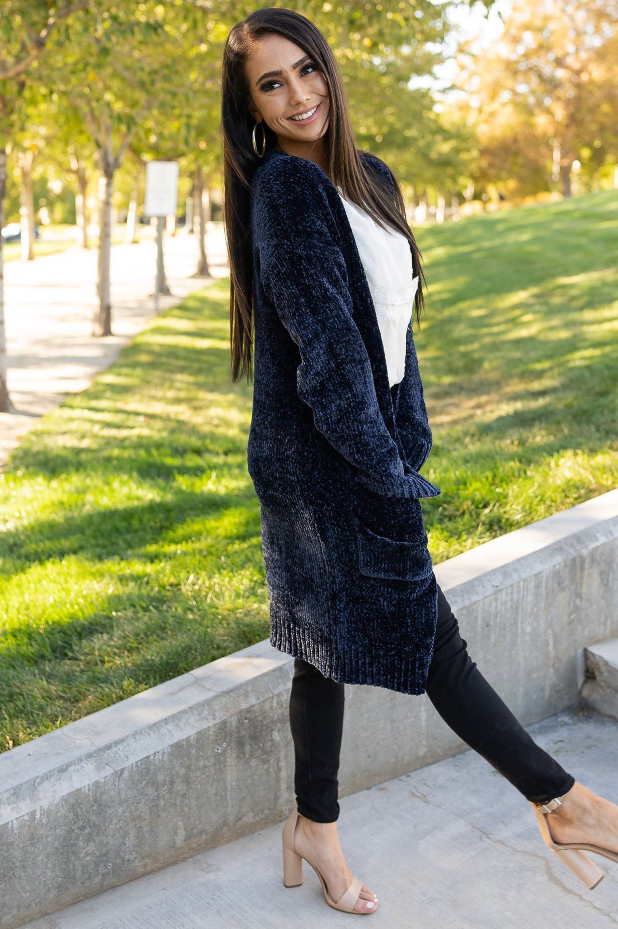 Long black hot sale chenille cardigan