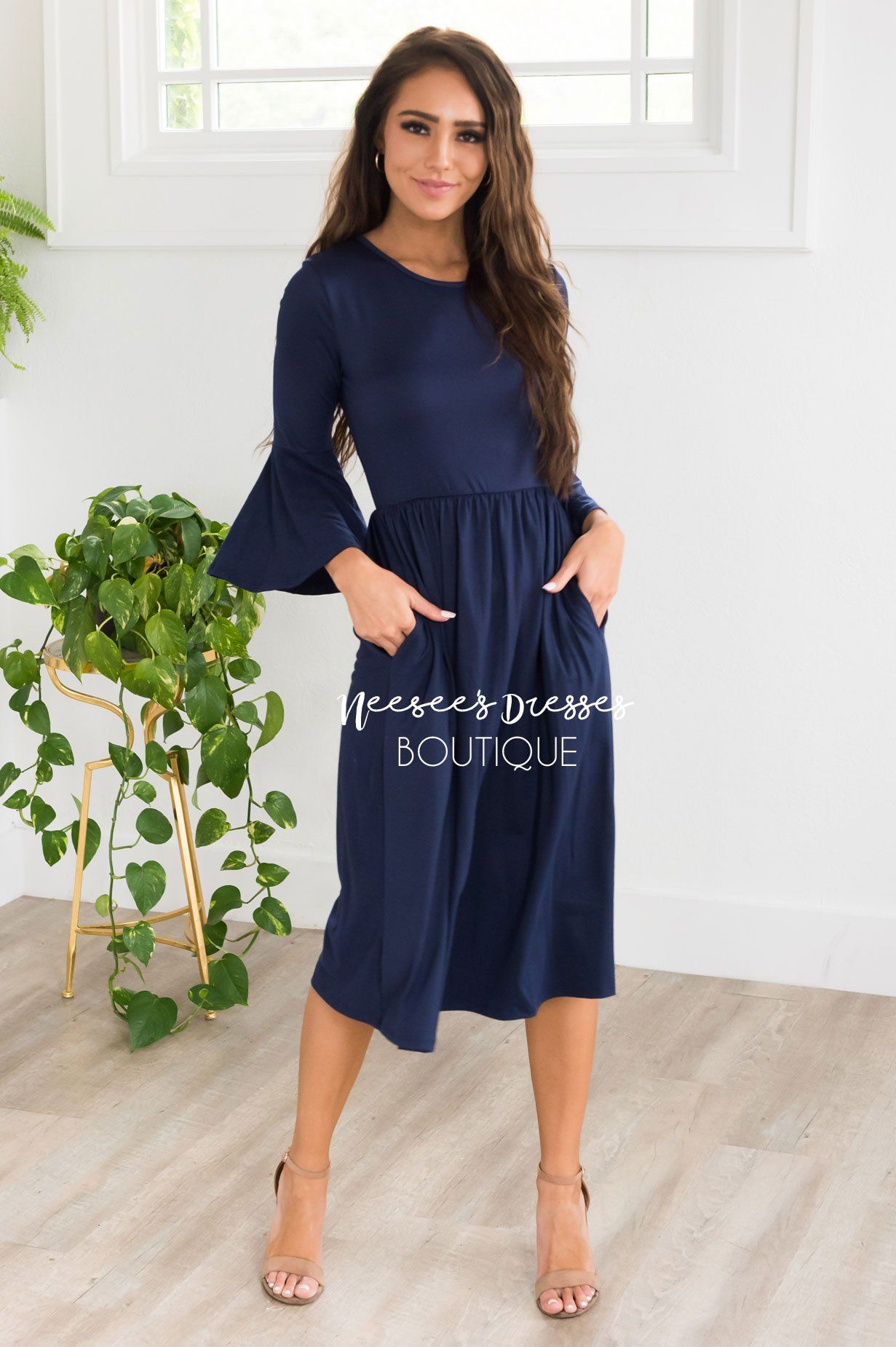 Solid Navy Bell Sleeve Modest Dress Best Online Modest Boutique for Dresses Cute Modest Clothes for Church