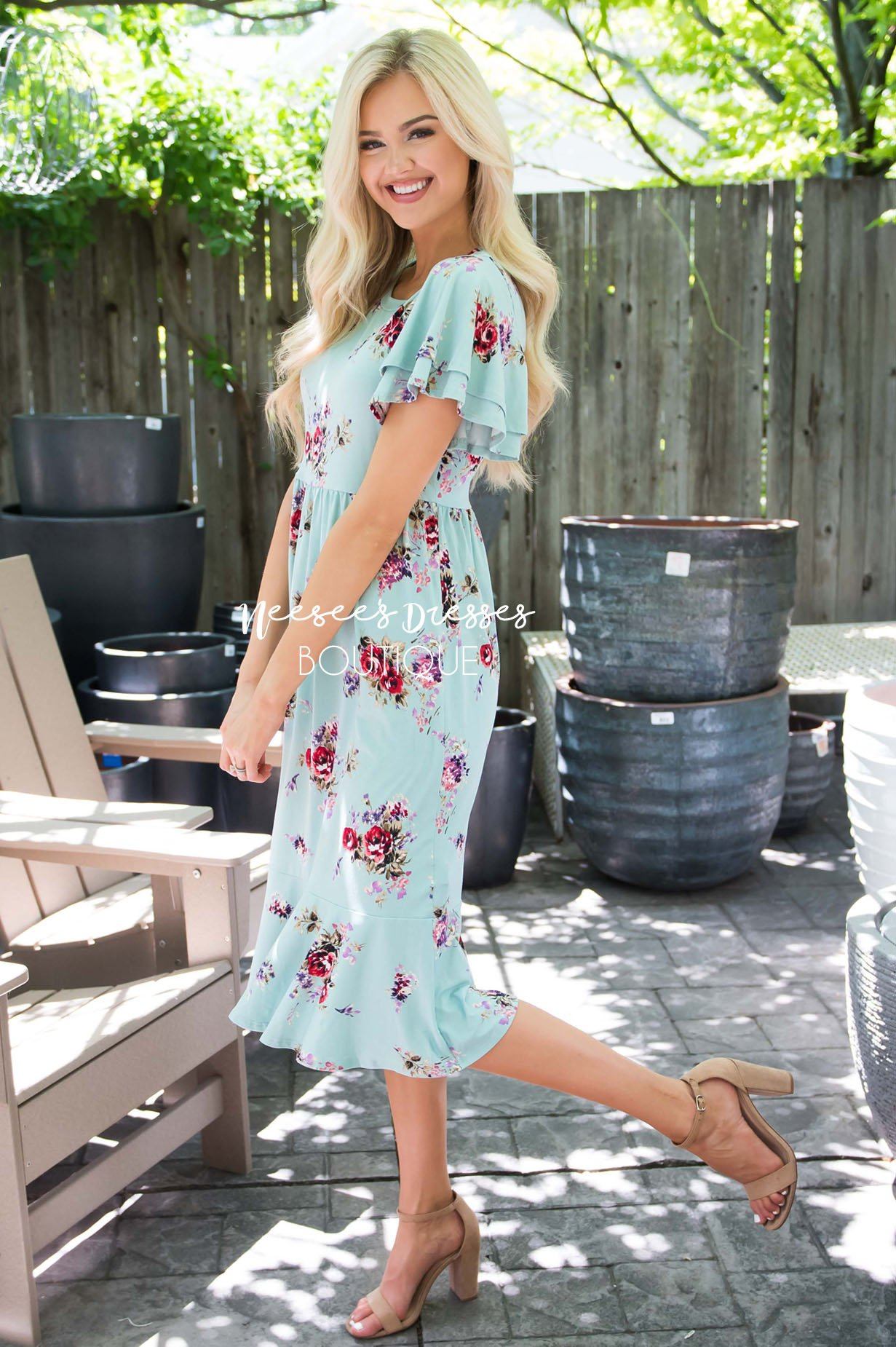 Mint Floral Ruffle Sleeve Modest Dress | Best and Affordable Modest ...