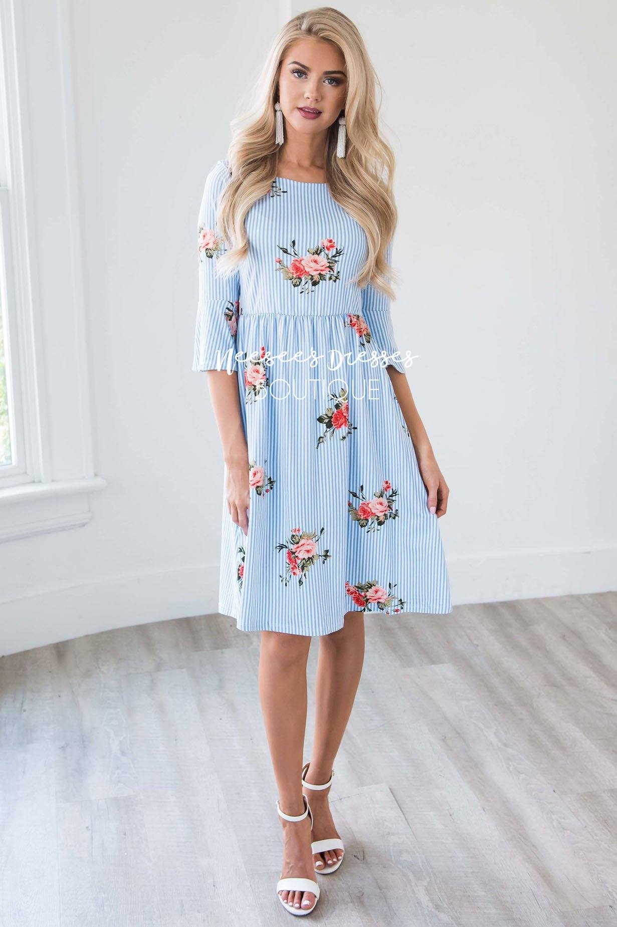 Sky Blue White Pinstripe Pink Rose Floral Bell Sleeve Modest