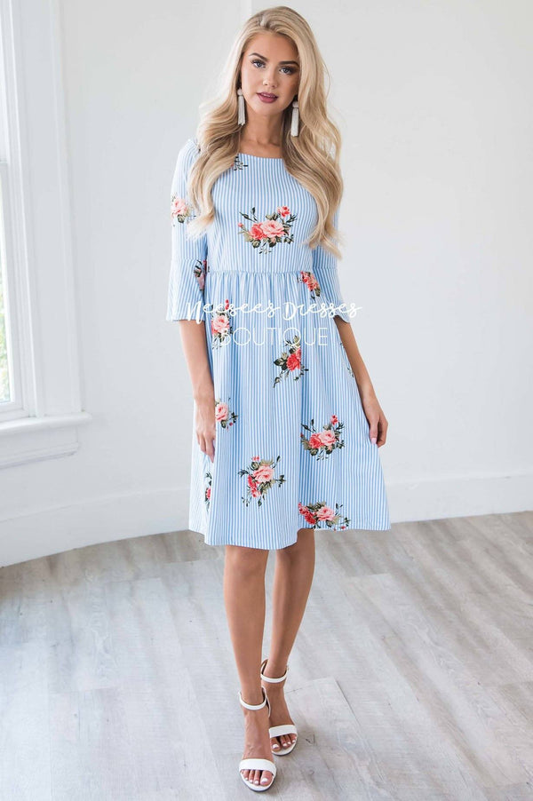 Sky Blue White Pinstripe Pink Rose Floral Bell Sleeve Modest ...