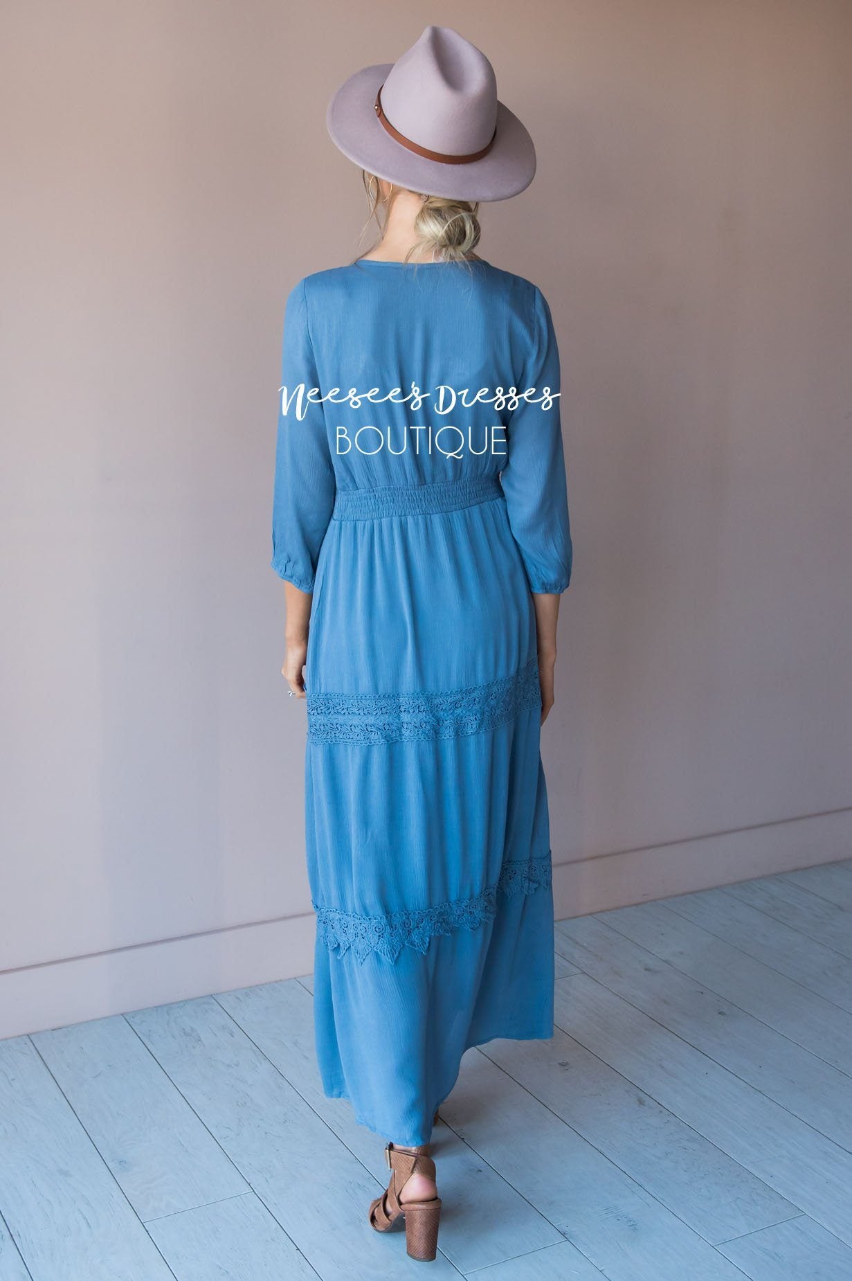 Blue Crochet Lace Modest Dress Best and Affordable Modest Boutique Cute Modest Dresses and Skirts for Church